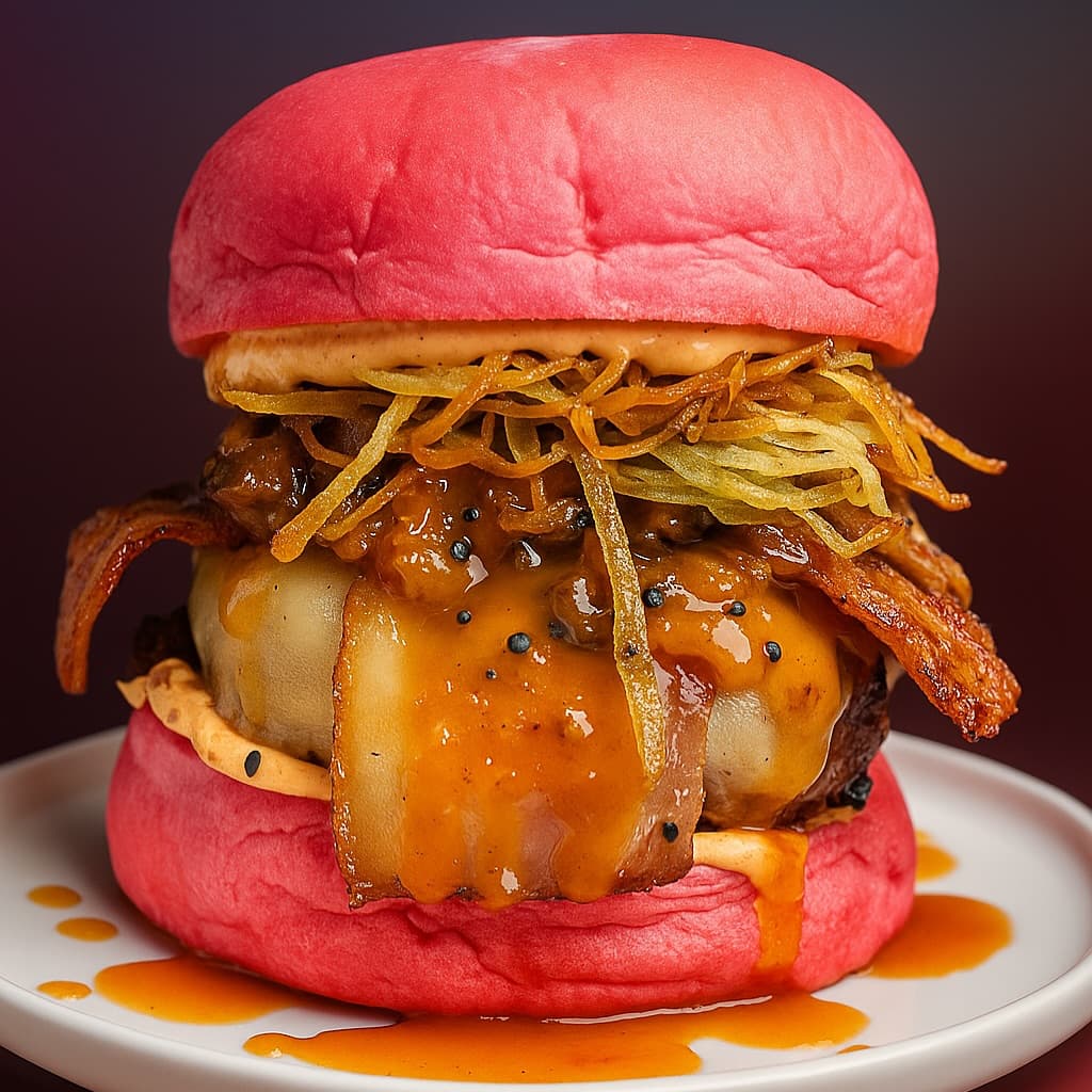 Hamburguesa Majin Boo con pan brioche rosa, doble carne premium, bacon crujiente, queso cheddar rosa y salsa secreta dulce-picante