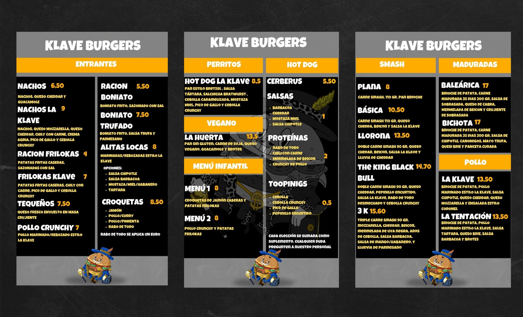 Vista del menú completo de Klave Burgers mostrando hamburguesas gourmet, hot dogs premium y entrantes deliciosos